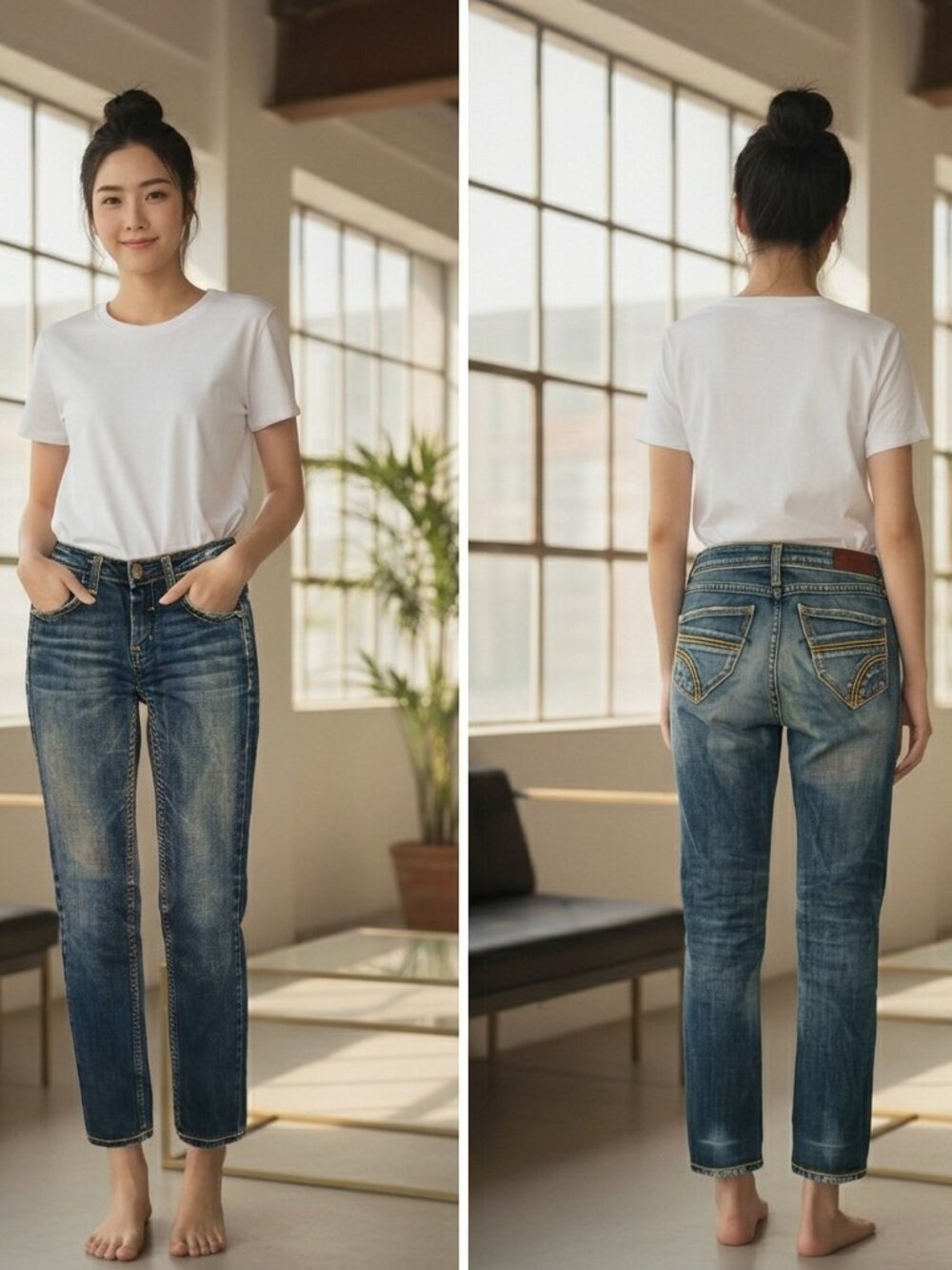 Yaso Women's Denim Stretch Skinny Jeans 3/4x29 Embroidered Blue 5-Pocket Cotton